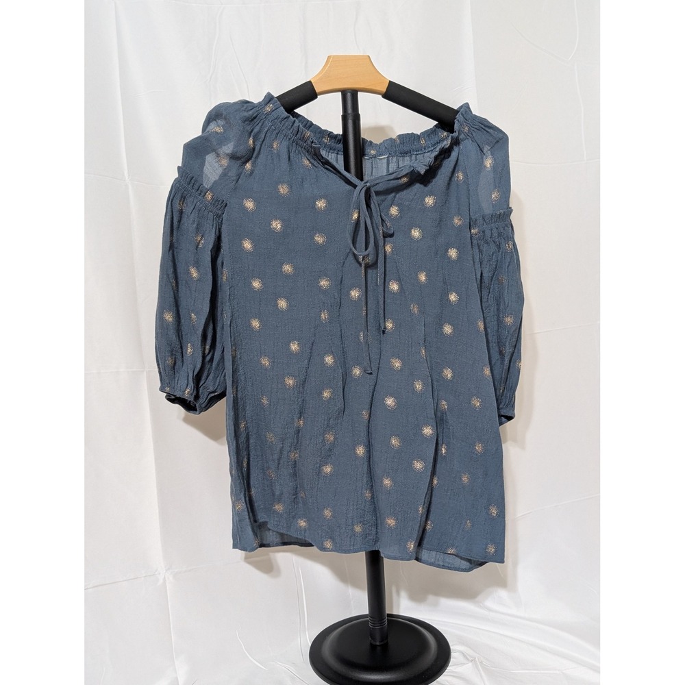 Boho Cold Shoulder Balloon Sleeve Blouse Blue Gold Metallic Foil Polka Dot Top